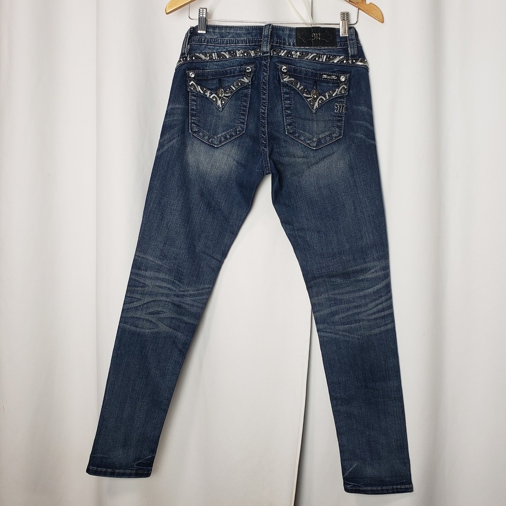Miss Me Signature Cuffed Skinny Jeans 27 Blue Embellished Sequin - Picture 3 of 10